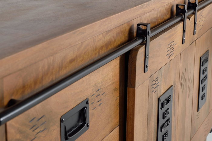 GINER Y COLOMER Buffet de style industriel en bois massif d'acacia et métal, 2 portes coulissantes, 2 tiroirs, couleur naturel, 80 x 165 x 45 cm